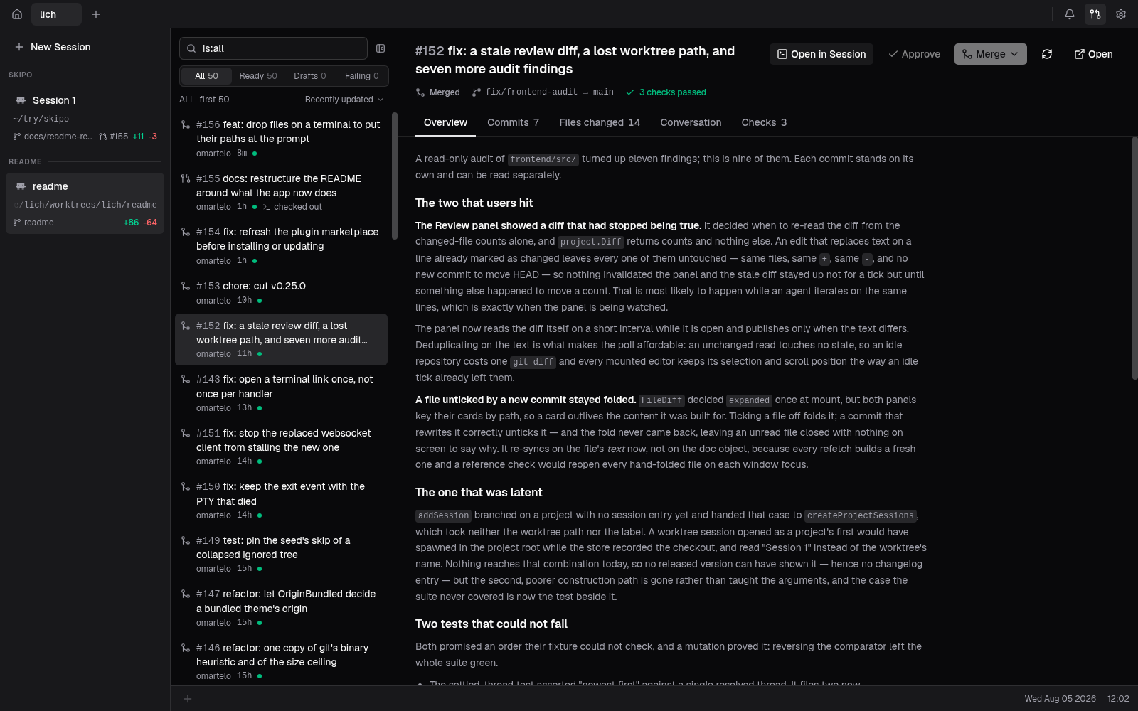 The pull request list with author, age and check status, narrowed by a filter box