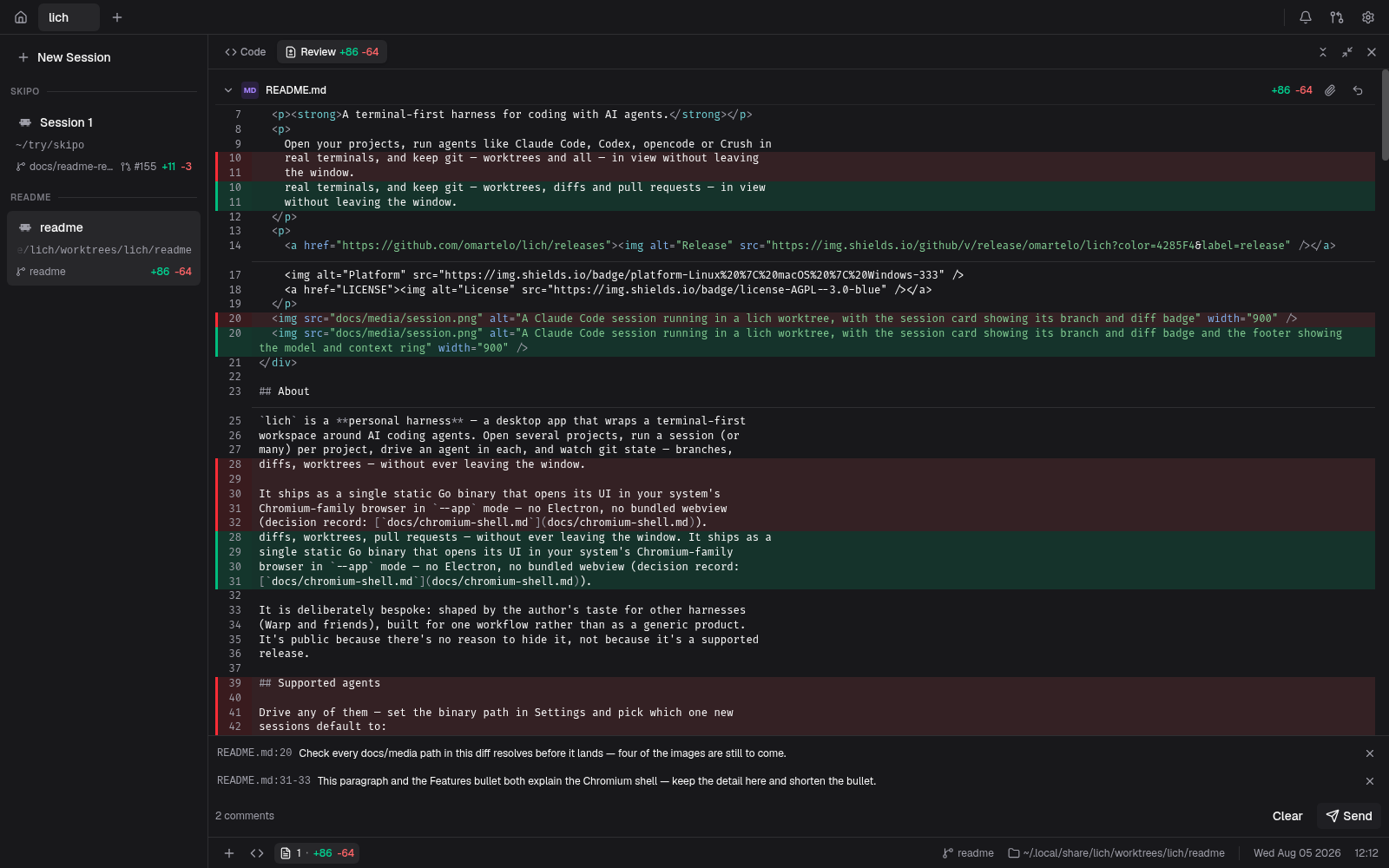 The review dock with two comments written against lines of the diff
