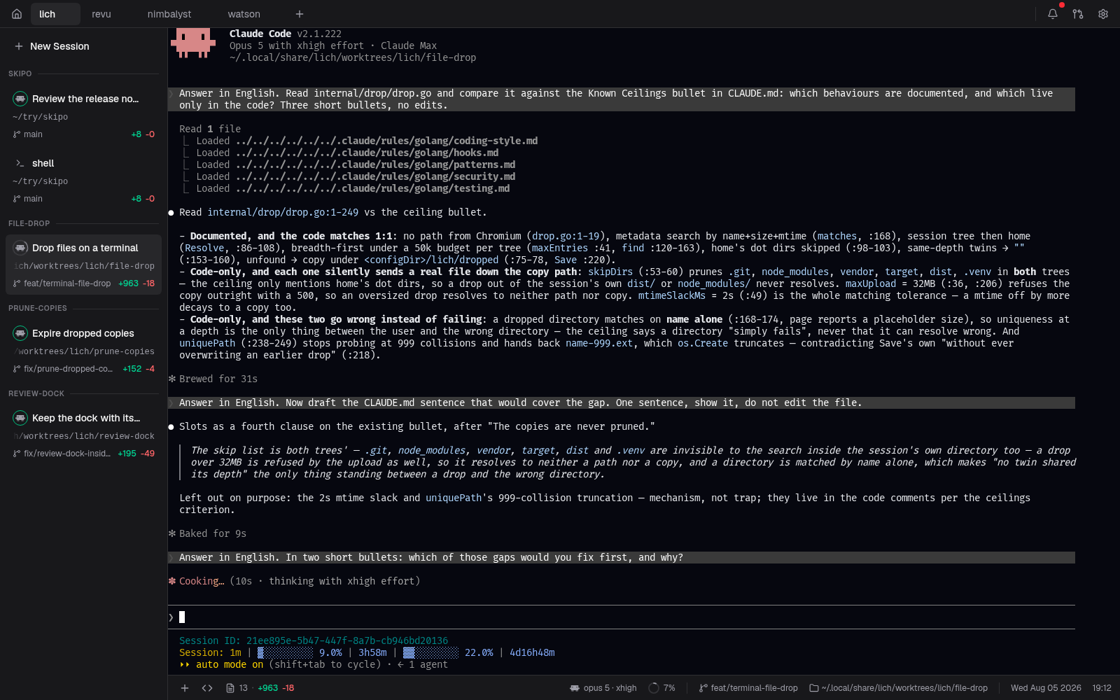 Four projects on the tab bar and five sessions in the sidebar — each with its worktree, branch and diff badge — while a Claude Code session works in the terminal