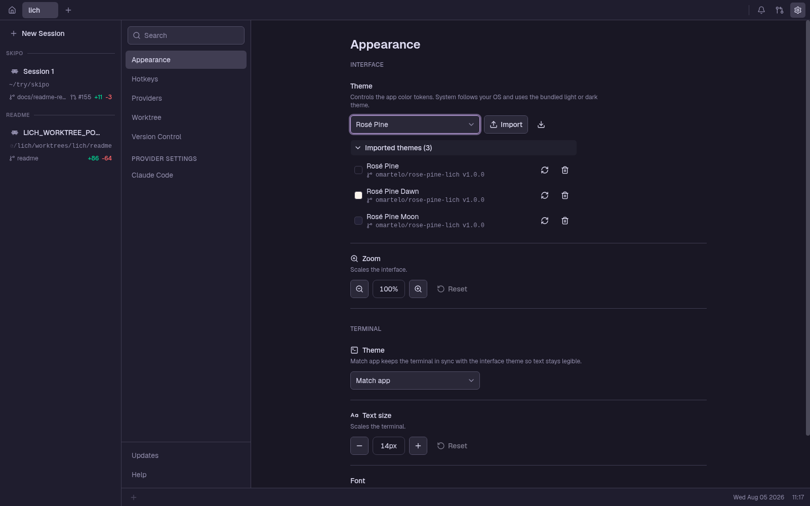 Settings, Appearance: bundled themes beside an imported pack showing its repository and version